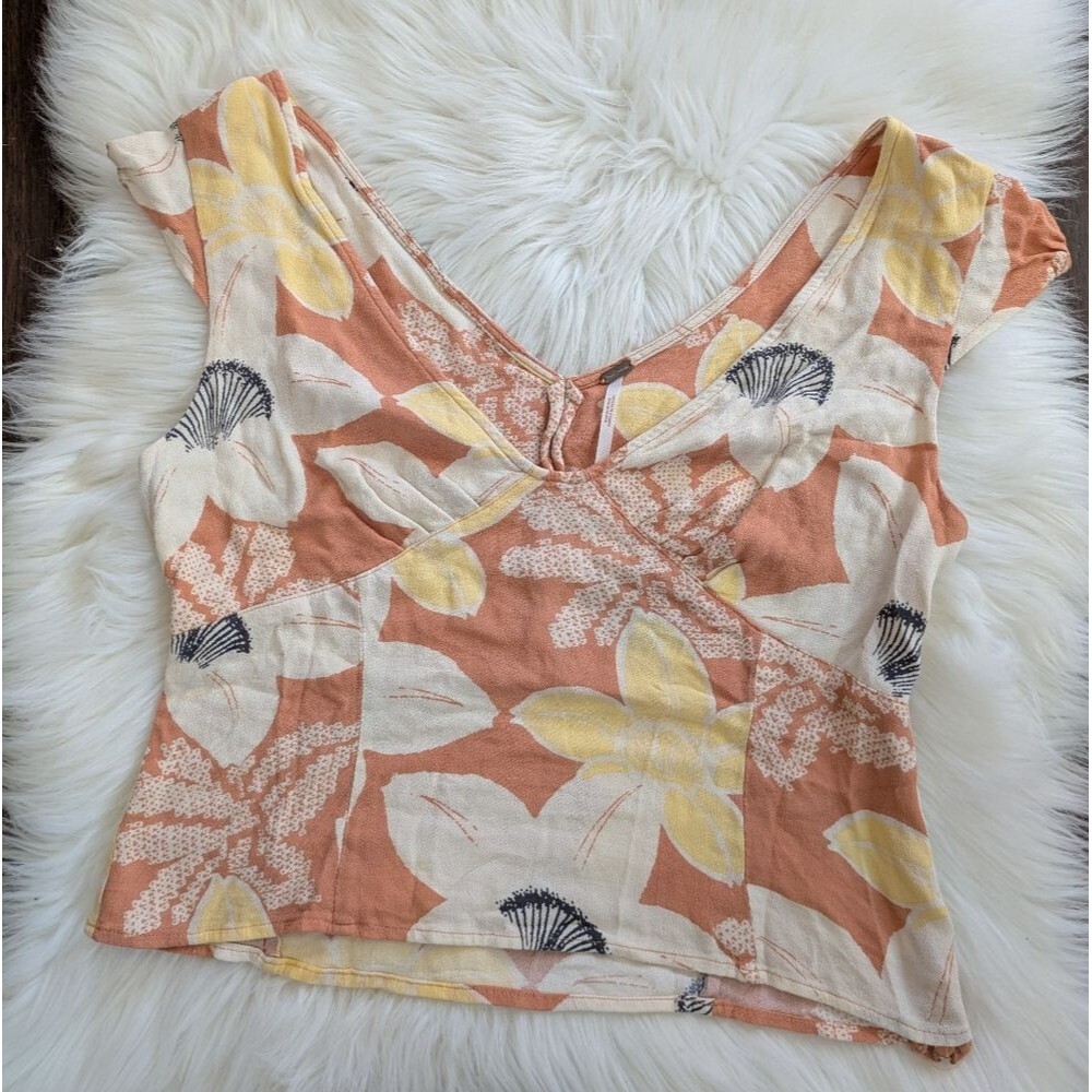 Free People Into The Grove Cap Sleeve Orange Floral Crop Cropped Top Size 6